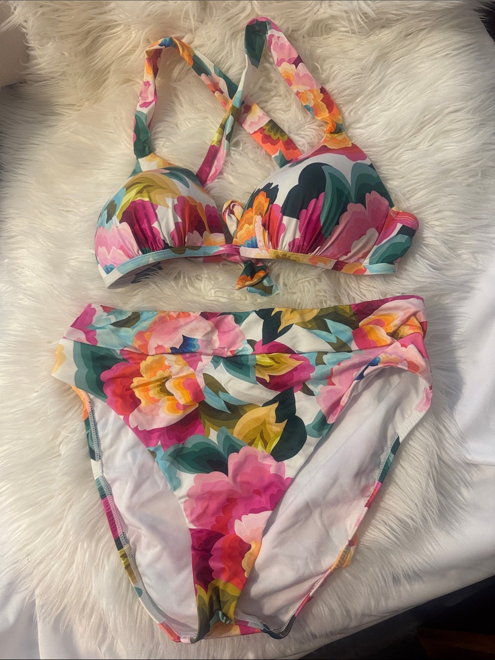 Gibson Latimer Floral Bikini Top in Pink, Green, Turquoise